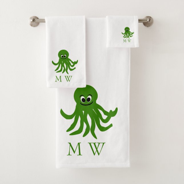 Green Octopus Design Monogrammed Bath Towel Set (Insitu)