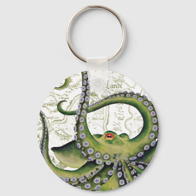 Green Octopus Vintage Map White Key Ring (Front)