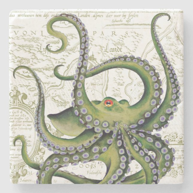 Green Octopus Vintage Map White Stone Coaster (Front)