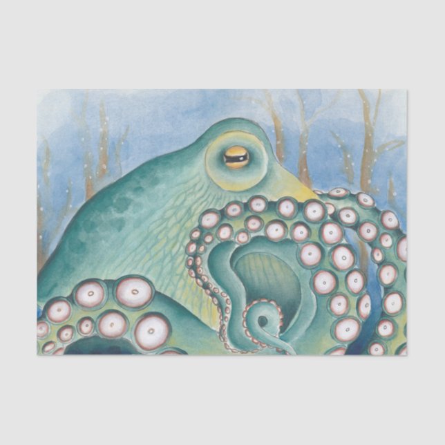 Green Octopus Watercolor Art Tissue Paper (Front)