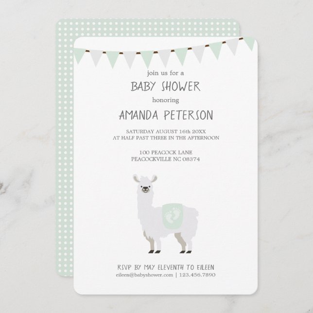 Green & Off-White Gender Neutral Llama Baby Shower Invitation (Front/Back)