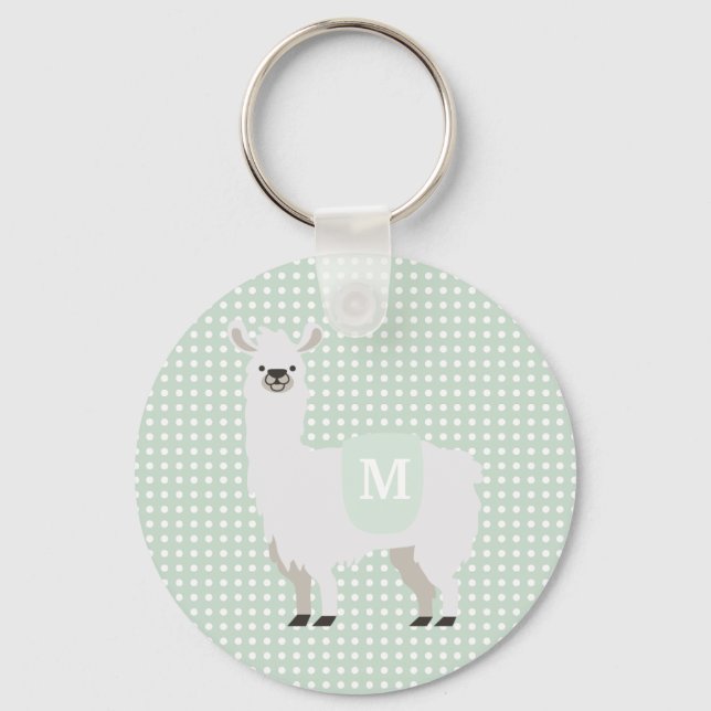 Green & Off-White Polka Dot Cute Llama Key Ring (Front)
