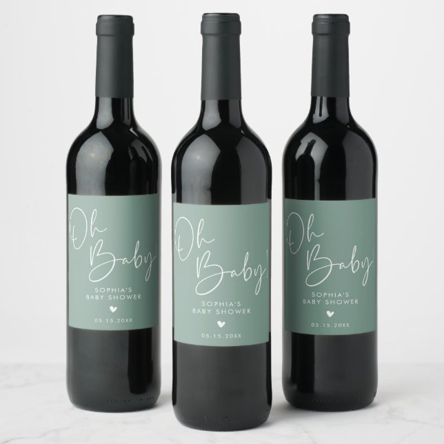 Green Oh Baby Modern Boho Baby Shower Wine Label (Bottles)