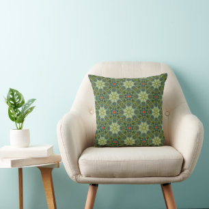 Green old-fashioned pattern with Blue Flowers Cushion