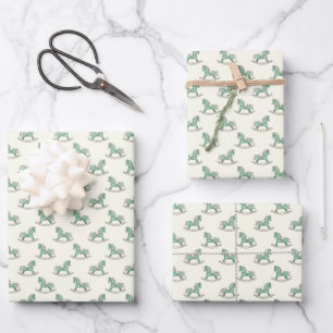 Green Old Fashioned Rocking Horses New Baby Shower Wrapping Paper Sheet