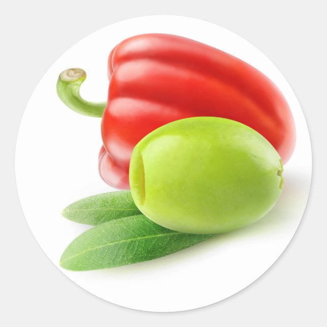 Green olive and red bell pepper classic round sticker (Front)