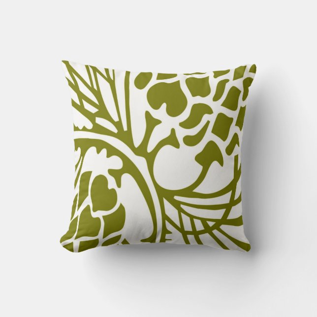 Green Olive and White Floral Abstract Pillow (Front)