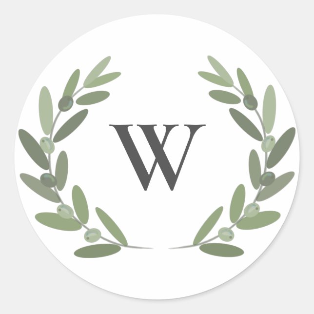 Green olive branch wreath monogram classic round sticker (Front)