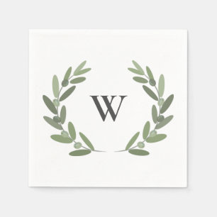 Green olive branch wreath monogram napkin