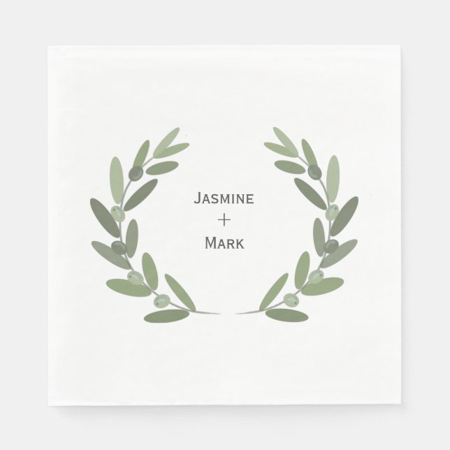 Green olive branch wreath personalise napkin (Front)
