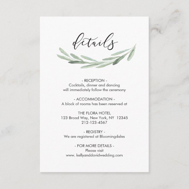 Green Olive Branch Wreath Rustic Wedding Details Enclosure Card (Front)
