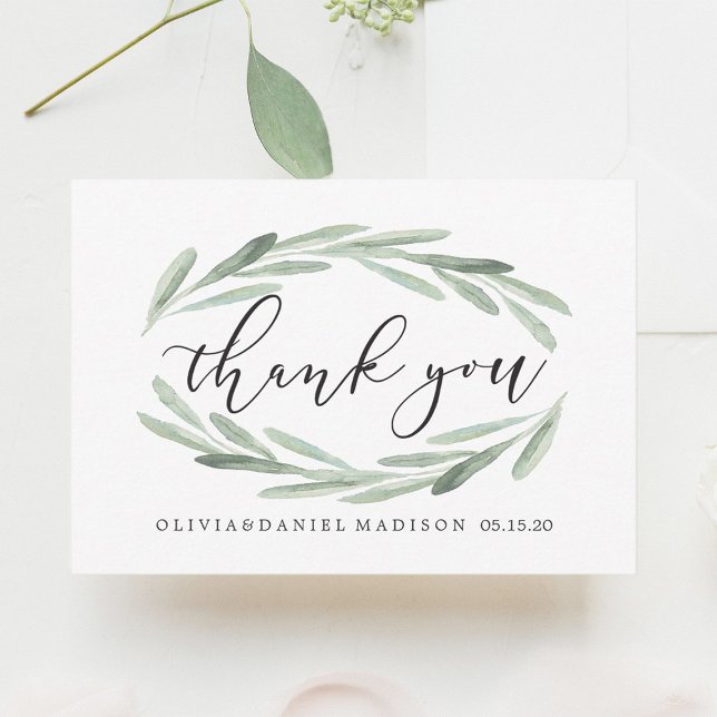 Green Olive Branch Wreath Wedding Thank You Card (Creator Uploaded)