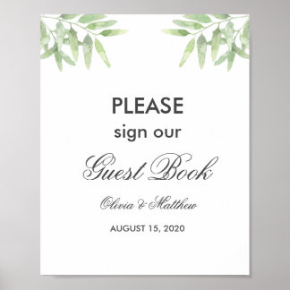 Green Olive Branches. Guest book wedding sign