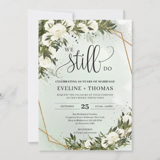 Green olive foliage leaves white roses we still do invitation (Front)