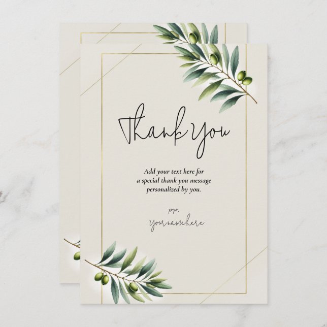 Green Olive Leaf Bone White Gold Rustic Thank You Invitation (Front/Back)