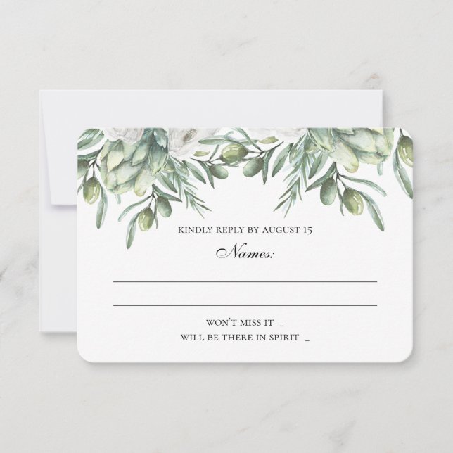 Green olive leaves rsvp. Italian summer wedding RSVP Card (Front)