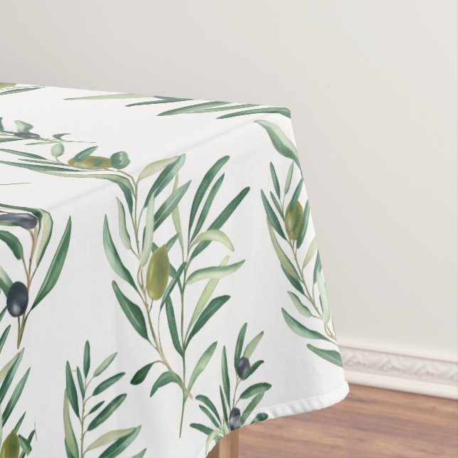 Green Olive Pattern Watercolor French Country Chic Tablecloth (In Situ)