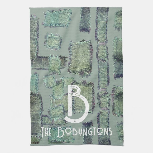 Green olive teal grey monogram abstract geometric  tea towel (Vertical)
