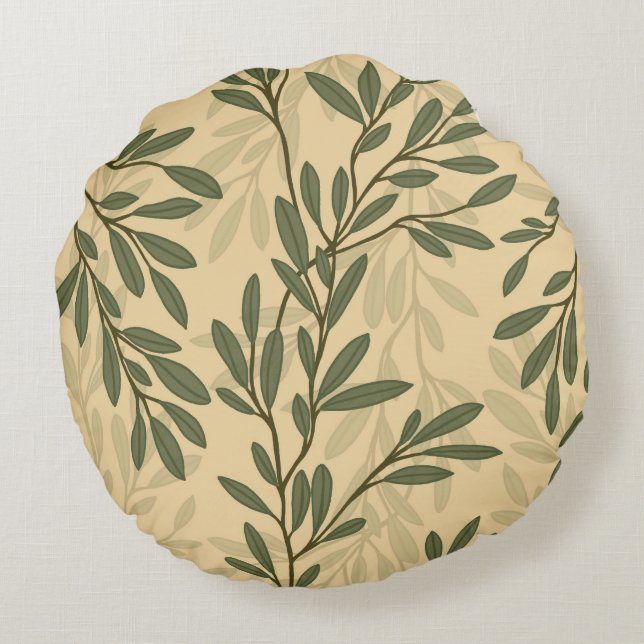 Green Olive Tree Branch Mediterranean Pattern Round Cushion (Back)