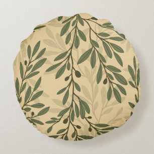 Green Olive Tree Branch Mediterranean Pattern Round Cushion