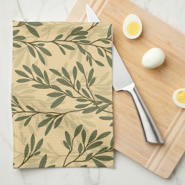 Green Olive Tree Branch Mediterranean Pattern Tea Towel (Quarter Fold)