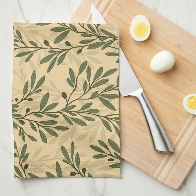 Green Olive Tree Branch Mediterranean Pattern Tea Towel (Quarter Fold)