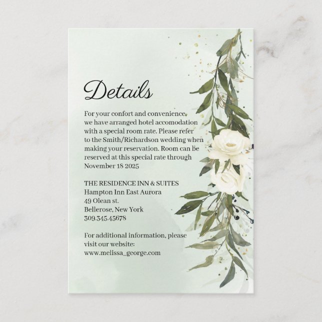 Green Olive Wreath White Roses Wedding Details Enclosure Card (Front)