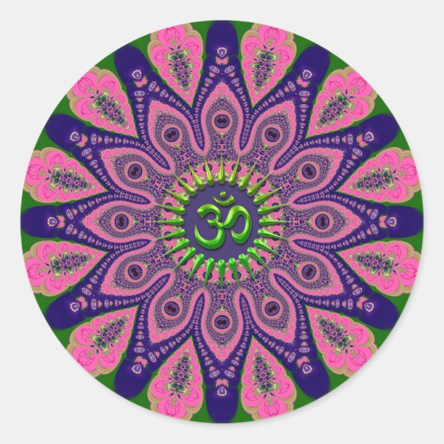 Green Om Funky Pink and Indigo Mandala Classic Round Sticker (Front)