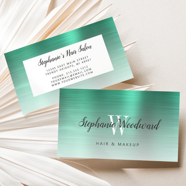 Green Ombre Brushed Metal Monogram Hair Salon Business Card (Creator Uploaded)