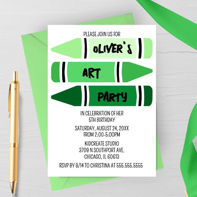 Green Ombre Crayons Art Birthday Party Invitation (Creator Uploaded)