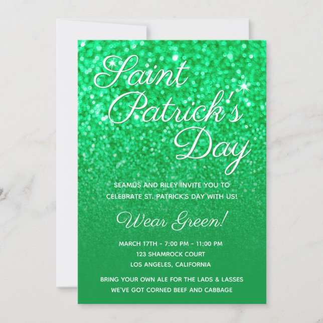 Green Ombre Glitter St. Patrick's Day Party Invitation (Front)