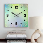 Green ombre watercolor gold confetti dots chic<br><div class="desc">Bold, black easy-to-read numerals and rich champagne faux gold foil confetti dots overlay a chic, pastel turquoise blue, green and purple watercolor ombre background. Enliven up your favourite room with this stylish, modern, simple and chic wall clock. Your choice of a round or square clock face. Makes a wonderful statement...</div>