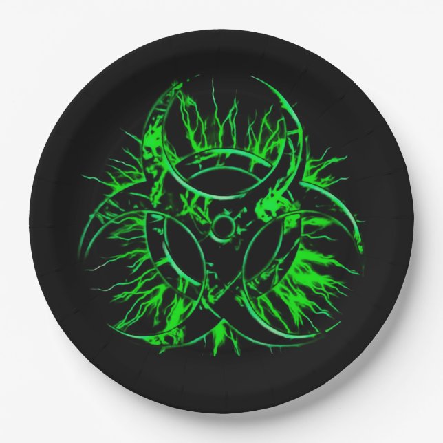 Green on black biohazard toxic warning sign symbol paper plate (Front)