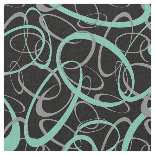 Green on Black Retro Shapes Pattern Fabric (Close Up)