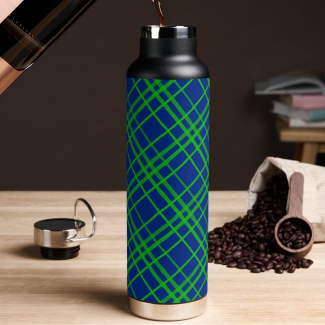Green On Blue Tartan Plaid Pattern Design  Water Bottle (Creator Uploaded)