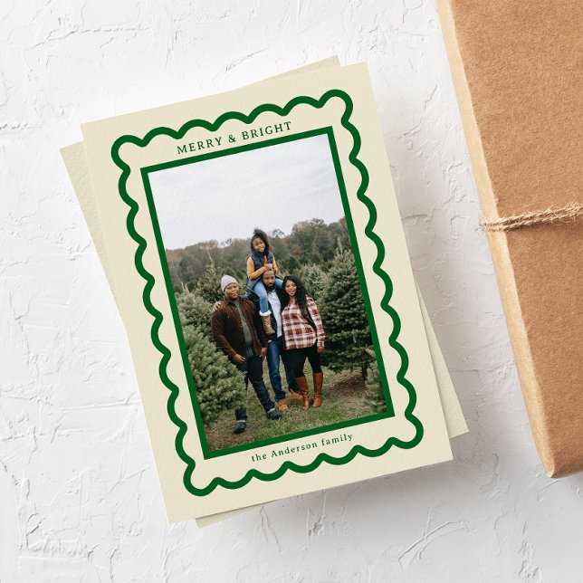 Green on Cream Simple Scallop Photo Frame Holiday Card (cream off-white with forest green scallop photo frame Christmas holiday cards)