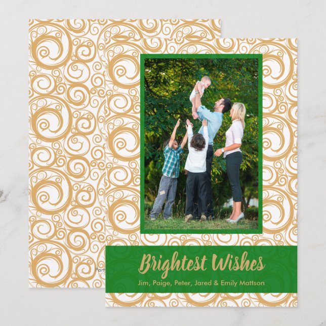 Green on Gold Swirls Christmas Photo Card (Front/Back)