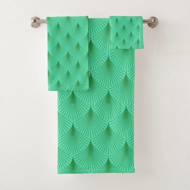 Green on green art deco seamless pattern shower cu bath towel set (Insitu)