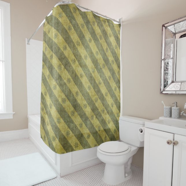 Green on Green Striped Pattern Shower Curtain (In Situ)