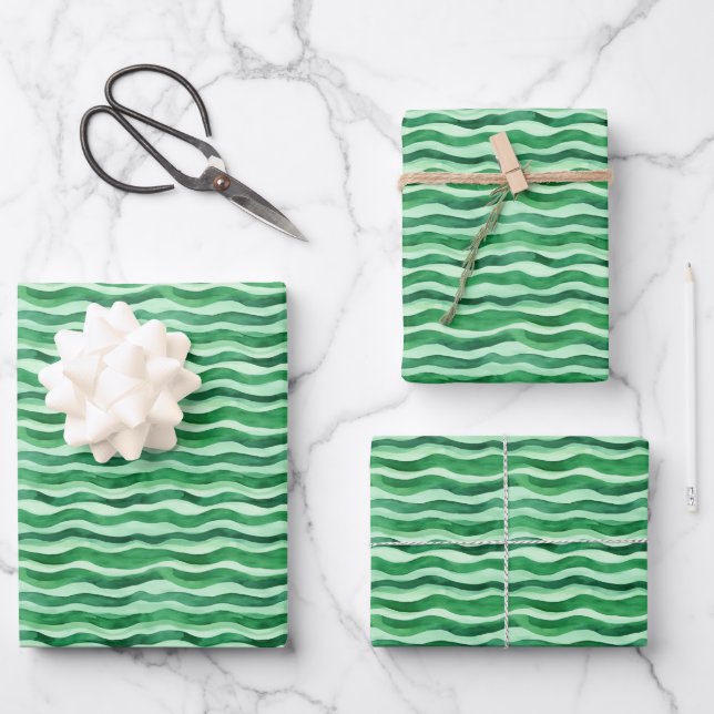 Green on Green Watercolor Wavy Lines Wrapping Paper Sheet (Front)