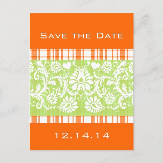 Green On Orange Plaid Topped Off with White Damask Announcement Postcard (Front)