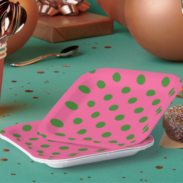 Green On Pink Polka Dots Pattern Design Paper Plate (Creator Uploaded)