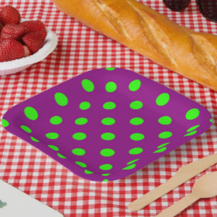 Green On Purple Polka Dots Pattern Design Paper Plate
