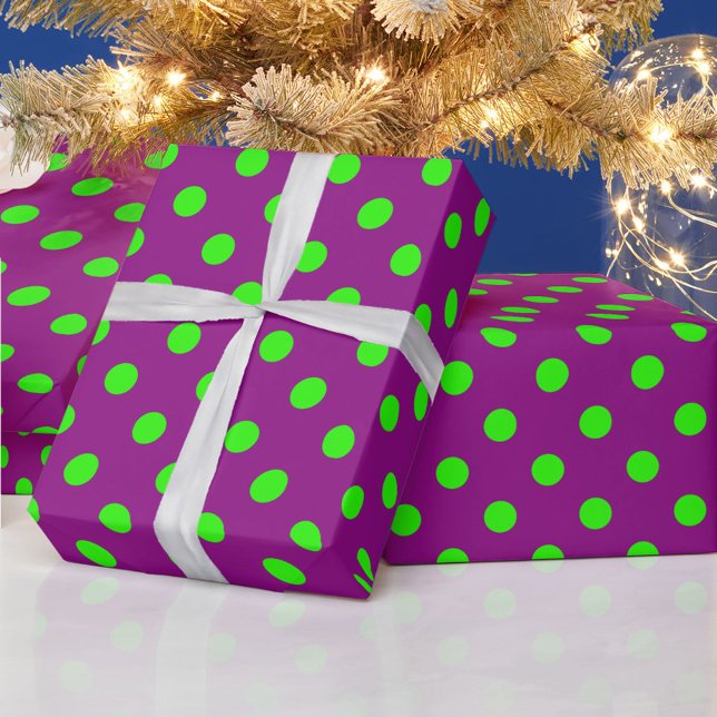 Green On Purple Polka Dots Pattern Design Wrapping Paper (Creator Uploaded)