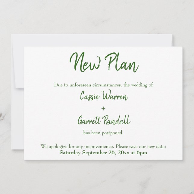 Green on White New Wedding Date Announcement (Front)