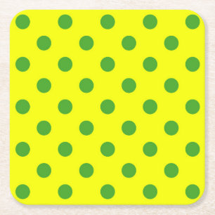 Green On Yellow Polka Dots Pattern Design Square Paper Coaster