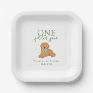 Green One Golden Year Goldendoodle Birthday Paper Plate