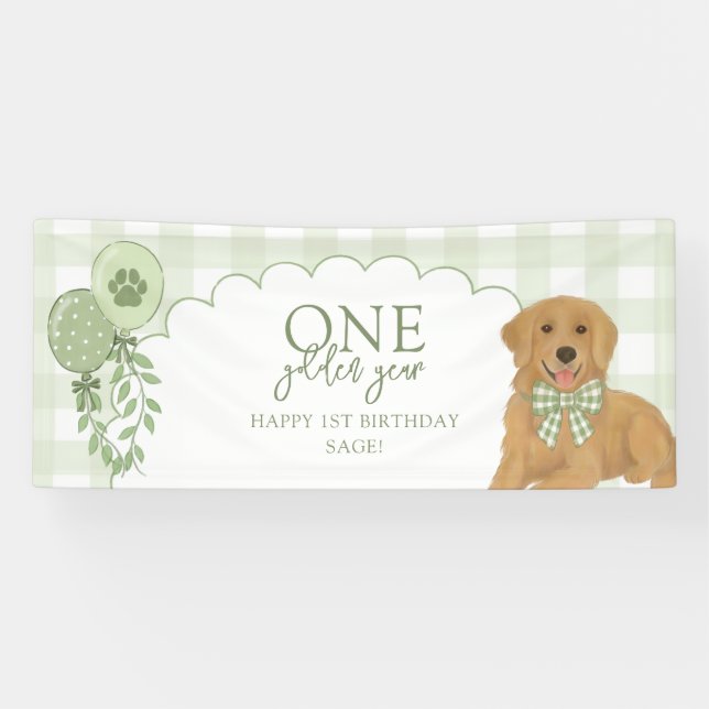 Green One Golden Year Retriever Puppy 1st Birthday Banner (Horizontal)