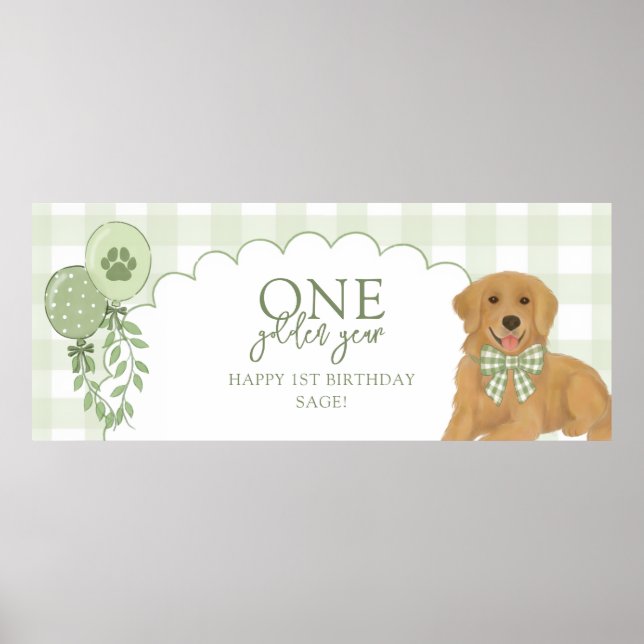 Green One Golden Year Retriever Puppy 1st Birthday Poster (Front)