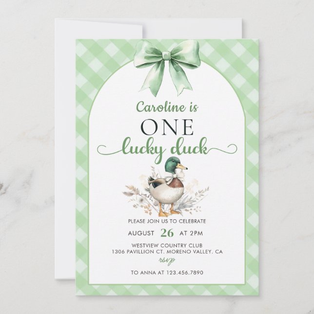 Green One Lucky Duck 1st Birthday  Invitation (Front)